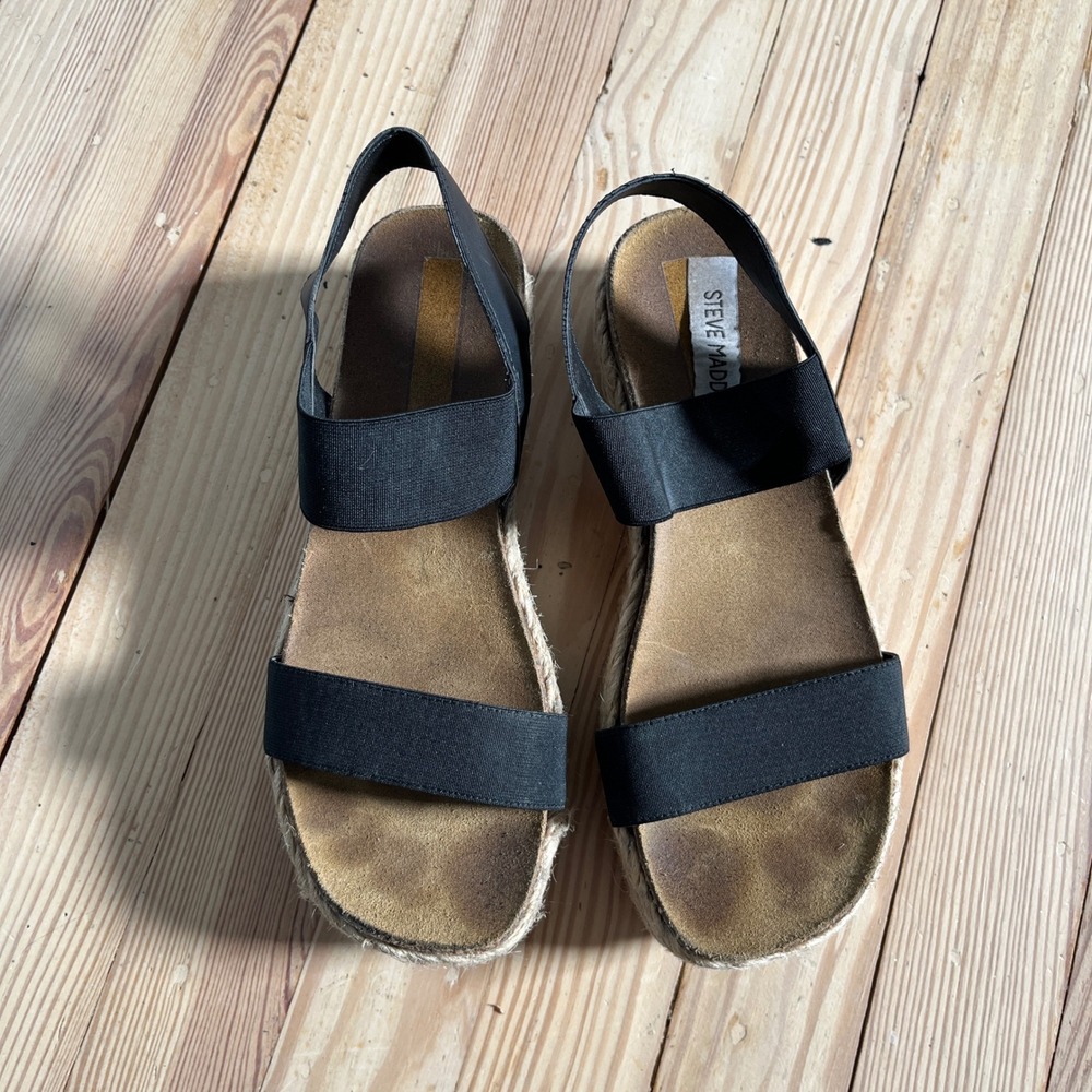 Steve‎ Madden Jaklin Black Elastic Espadrille Platform Wedge Sandals Womens 8 - Picture 3 of 9